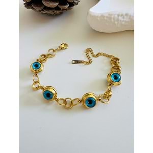 DÖRT SIRA BÜYÜK NAZAR BONCUKLU ÇELİK BİLEKLİK 15+6 CM-GOLD ACR5066