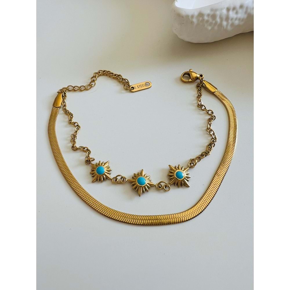 İTALYAN ZİNCİRLİ, İKİLİ, MAVİ MİNELİ ÇELİK BİLEKLİK 17+6 CM-GOLD ACR5159