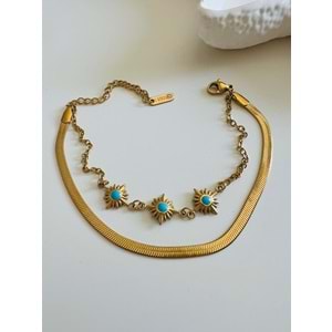 İTALYAN ZİNCİRLİ, İKİLİ, MAVİ MİNELİ ÇELİK BİLEKLİK 17+6 CM-GOLD ACR5159