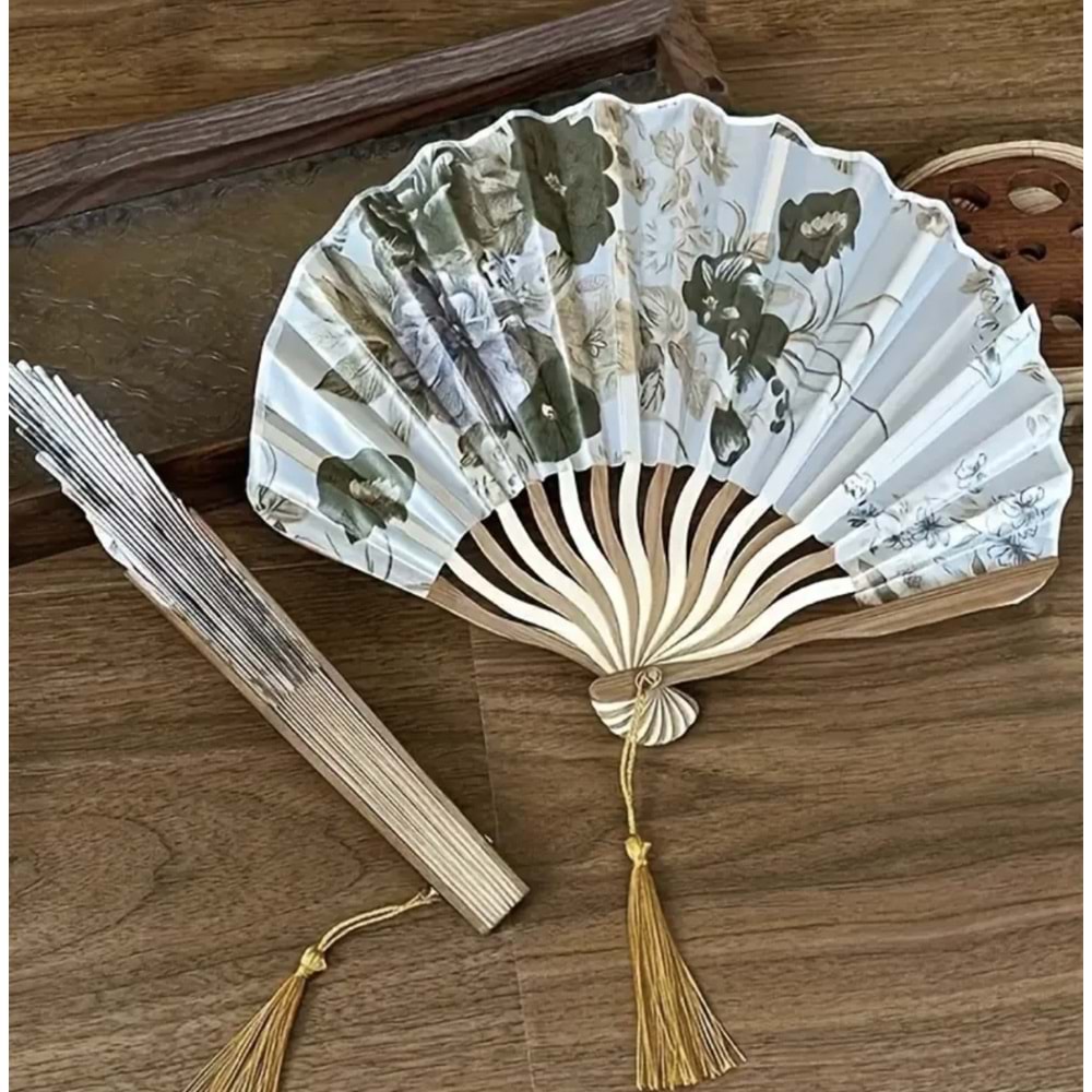 ÇİÇEKLİ KATLANABİLİR, PÜSKÜL DETAYLI BAMBU YELPAZE ACR5189