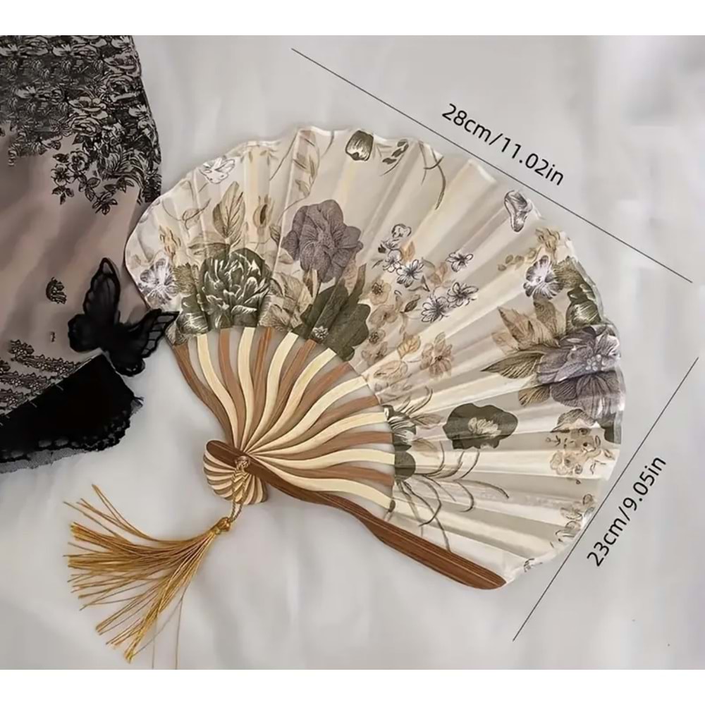 ÇİÇEKLİ KATLANABİLİR, PÜSKÜL DETAYLI BAMBU YELPAZE ACR5189