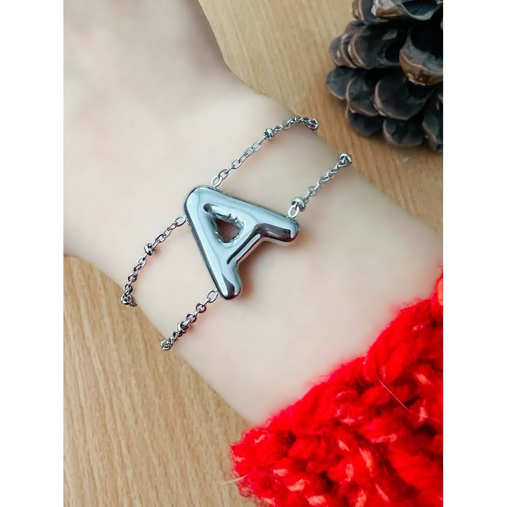 GÜMÜŞ RENK A HARF ÇELİK BALON BİLEKLİK 18+6 CM ACR5276