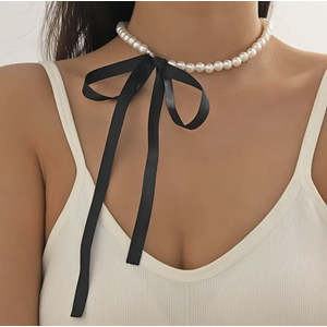 SİYAH KURDELALI İNCİ CHOKER KOLYE 38 CM ACR5377