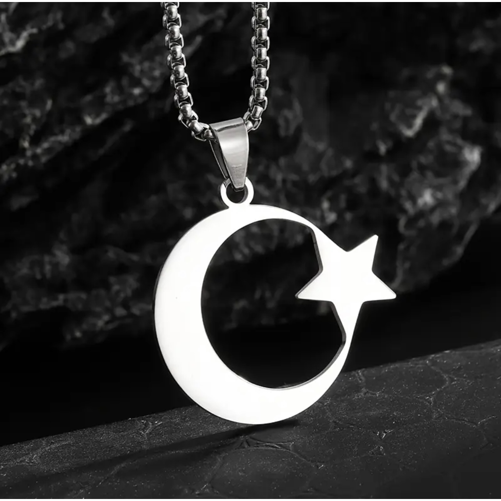ERKEK ÇELİK AY VE YILDIZ KOLYE 60CM-GÜMÜŞ ACR5406