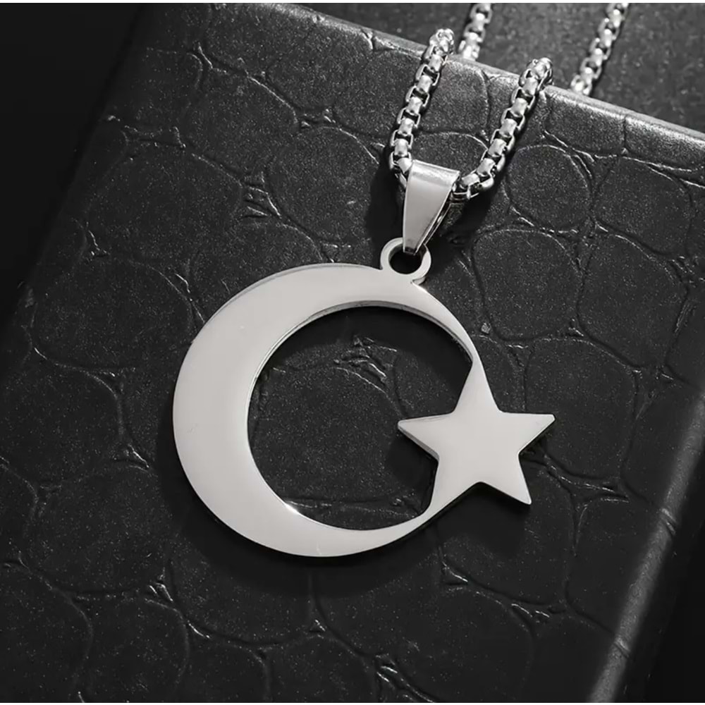 ERKEK ÇELİK AY VE YILDIZ KOLYE 60CM-GÜMÜŞ ACR5406