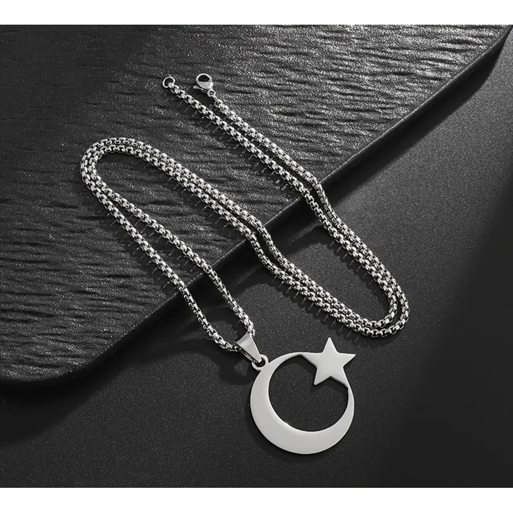 ERKEK ÇELİK AY VE YILDIZ KOLYE 60CM-GÜMÜŞ ACR5406