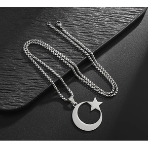 ERKEK ÇELİK AY VE YILDIZ KOLYE 60CM-GÜMÜŞ ACR5406