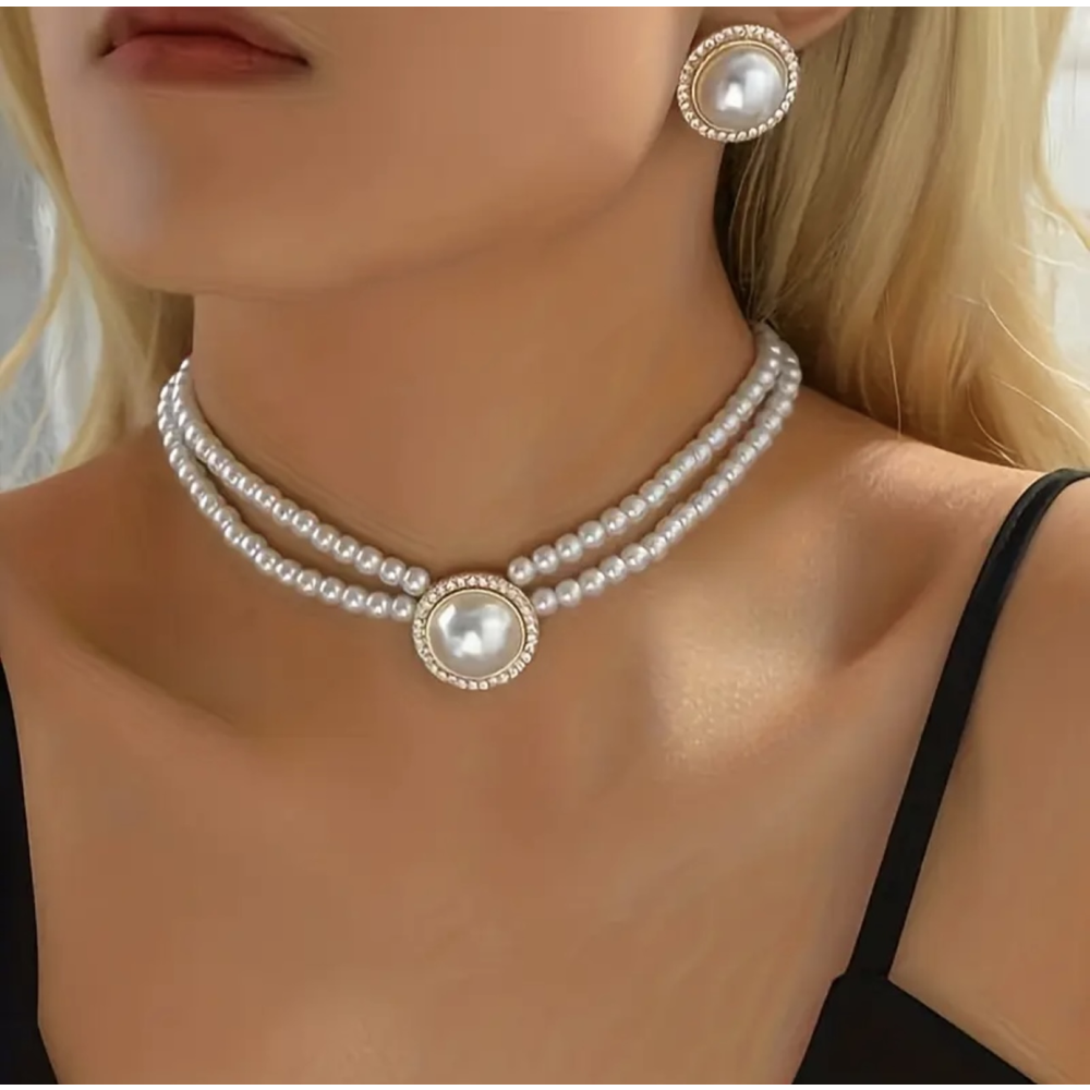 ÇİFT SIRA İNCİLİ KOLYE VE KÜPE SETİ-GOLD RENK ACR5422