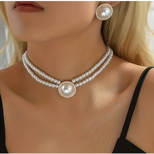 ÇİFT SIRA İNCİLİ KOLYE VE KÜPE SETİ-GOLD RENK ACR5422