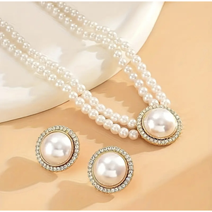 ÇİFT SIRA İNCİLİ KOLYE VE KÜPE SETİ-GOLD RENK ACR5422