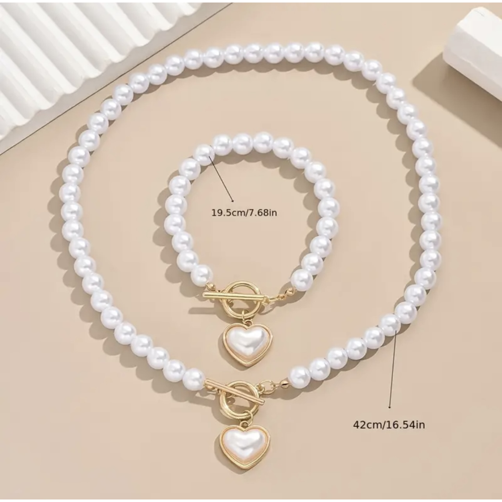 İNCİLİ KALP KOLYE VE BİLEKLİK SETİ-GOLD ACR5426