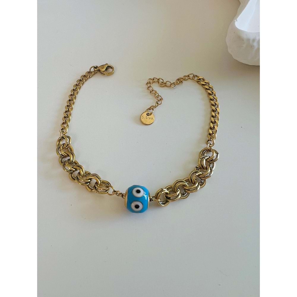 MAVİ MİNELİ ÇELİK ZİNCİR BİLEKLİK 17+5 CM-GOLD ACR5449