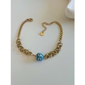 MAVİ MİNELİ ÇELİK ZİNCİR BİLEKLİK 17+5 CM-GOLD ACR5449