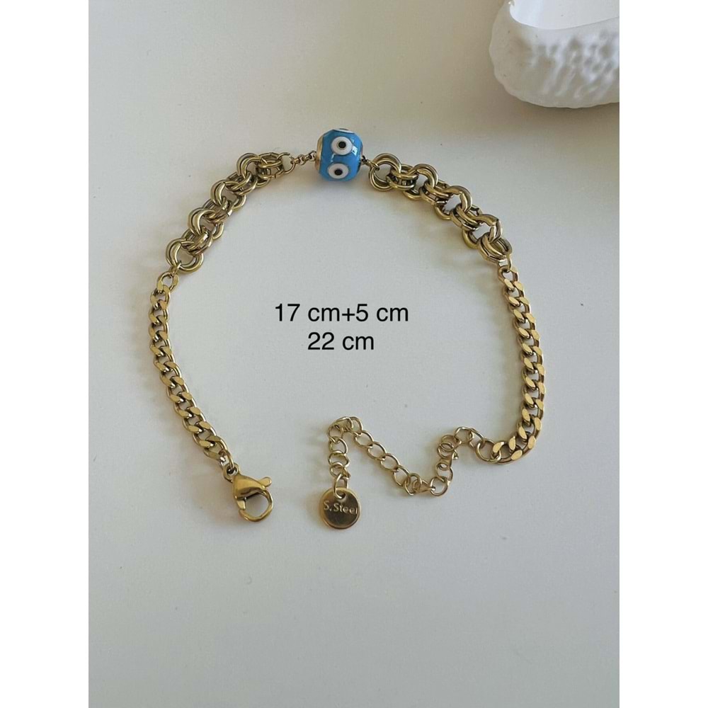 MAVİ MİNELİ ÇELİK ZİNCİR BİLEKLİK 17+5 CM-GOLD ACR5449