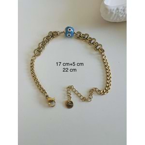 MAVİ MİNELİ ÇELİK ZİNCİR BİLEKLİK 17+5 CM-GOLD ACR5449