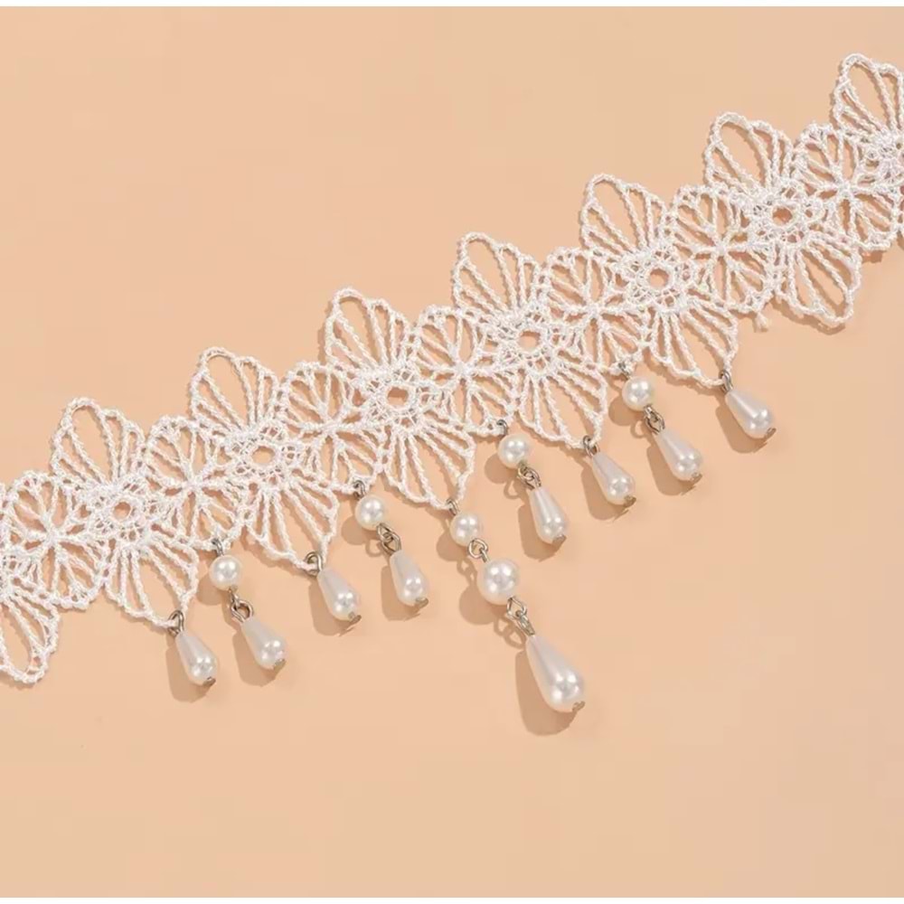 VİNTAGE ŞIK, İNCİLİ DANTEL CHOKER KOLYE-BEYAZ RENK ACR5792