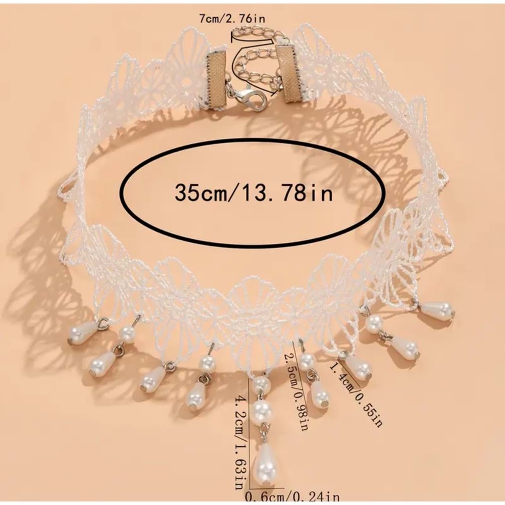 VİNTAGE ŞIK, İNCİLİ DANTEL CHOKER KOLYE-BEYAZ RENK ACR5792