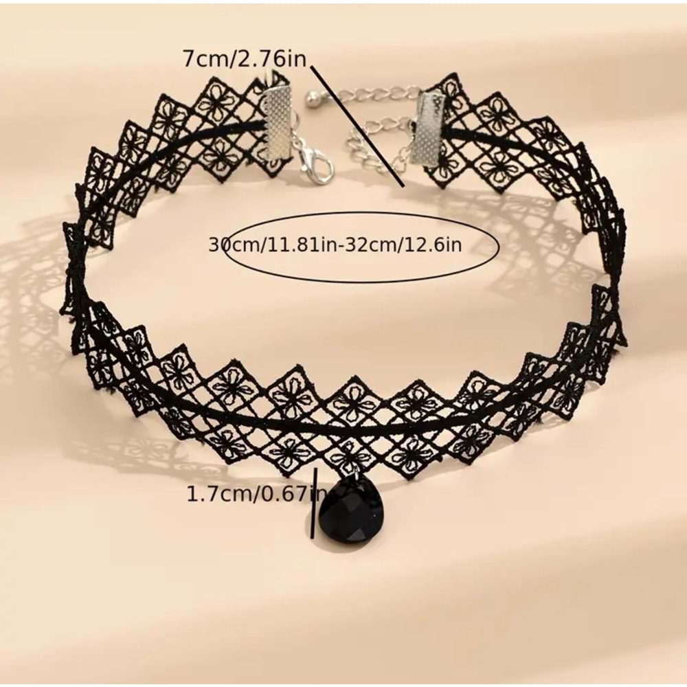 VİNTAGE SEXY DAMLA TAŞLI DANTEL CHOKER KOLYE-SİYAH RENK ACR5795