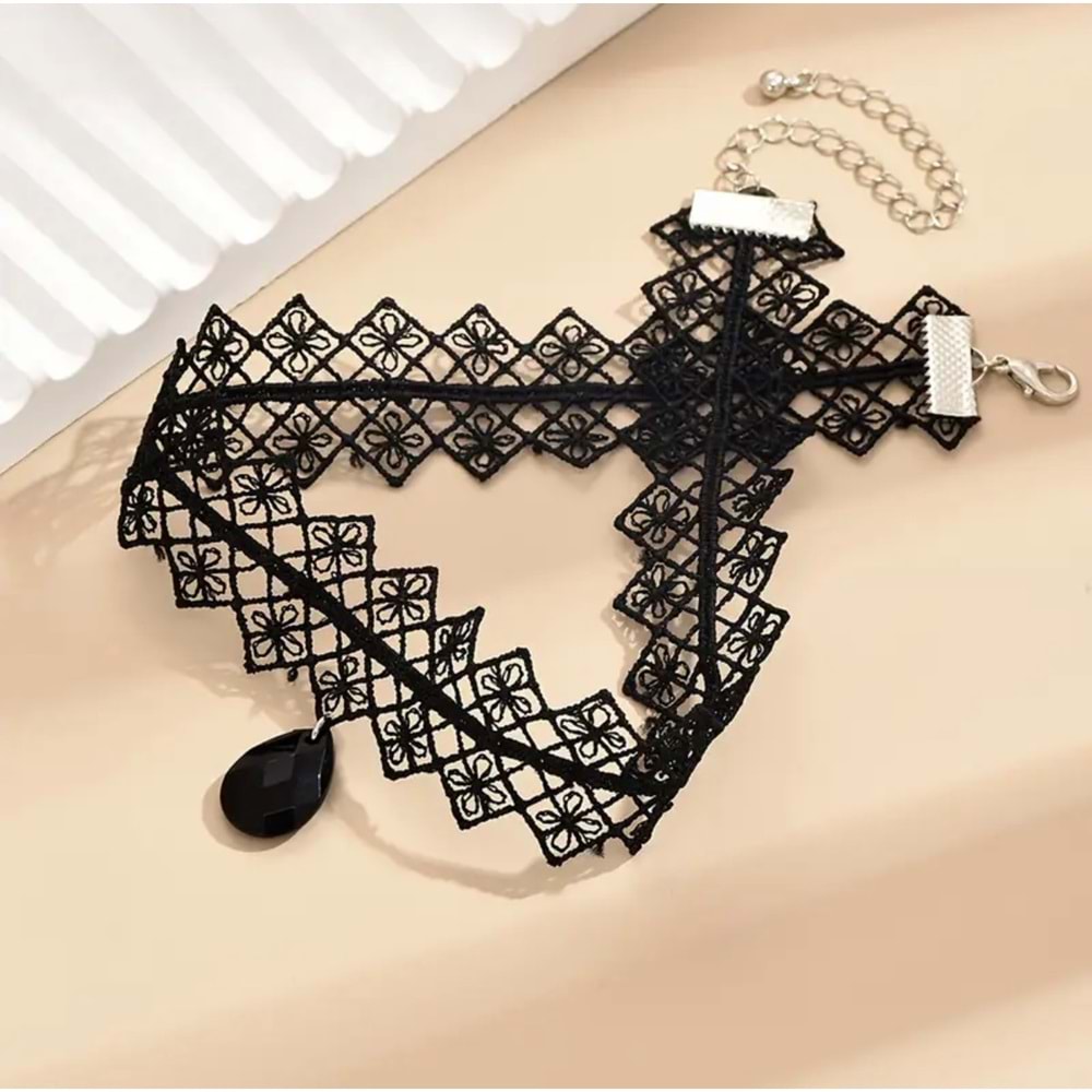 VİNTAGE SEXY DAMLA TAŞLI DANTEL CHOKER KOLYE-SİYAH RENK ACR5795