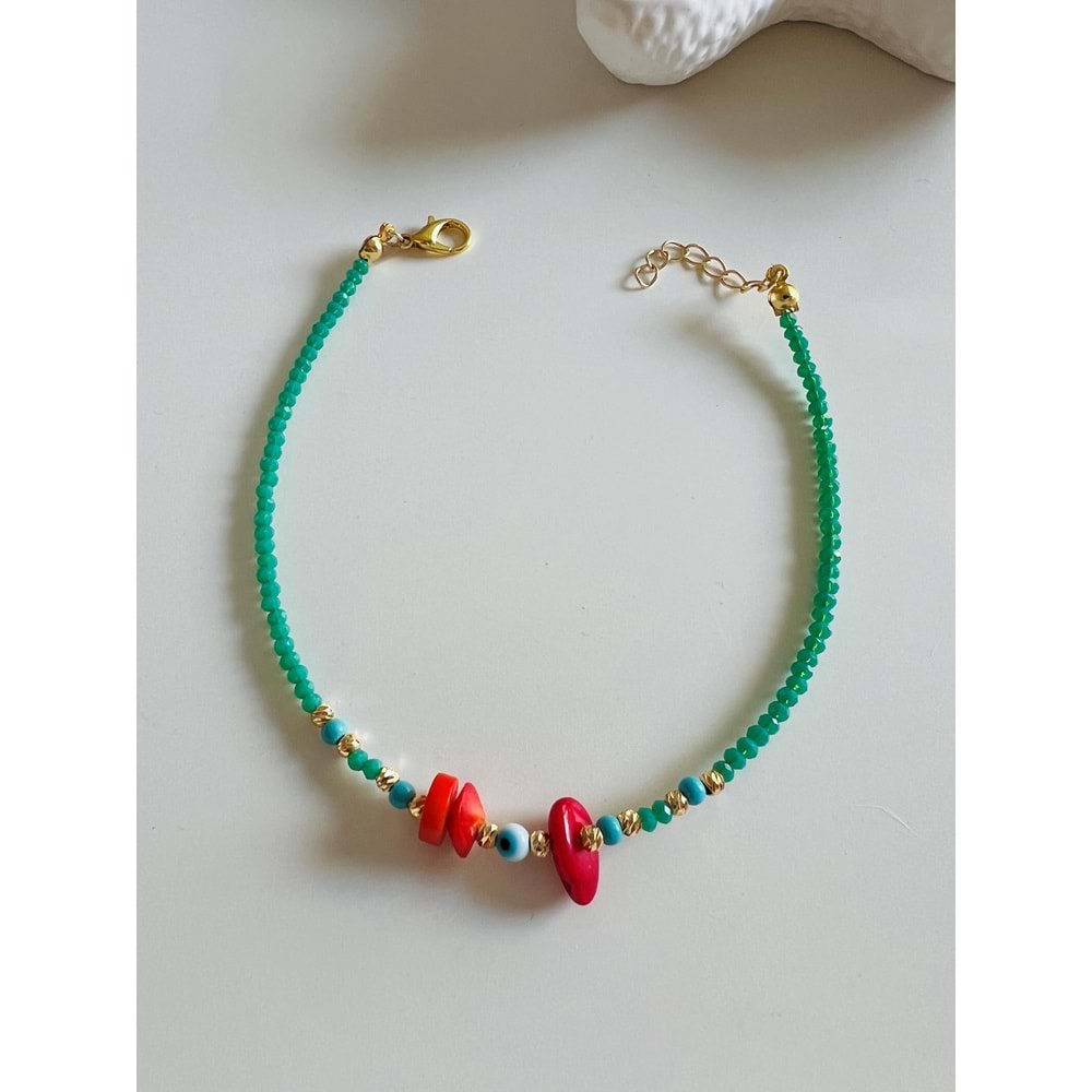 KIRMIZI TAŞLI, YEŞİL BONCUKLU HALHAL 23+3 CM ACR5874