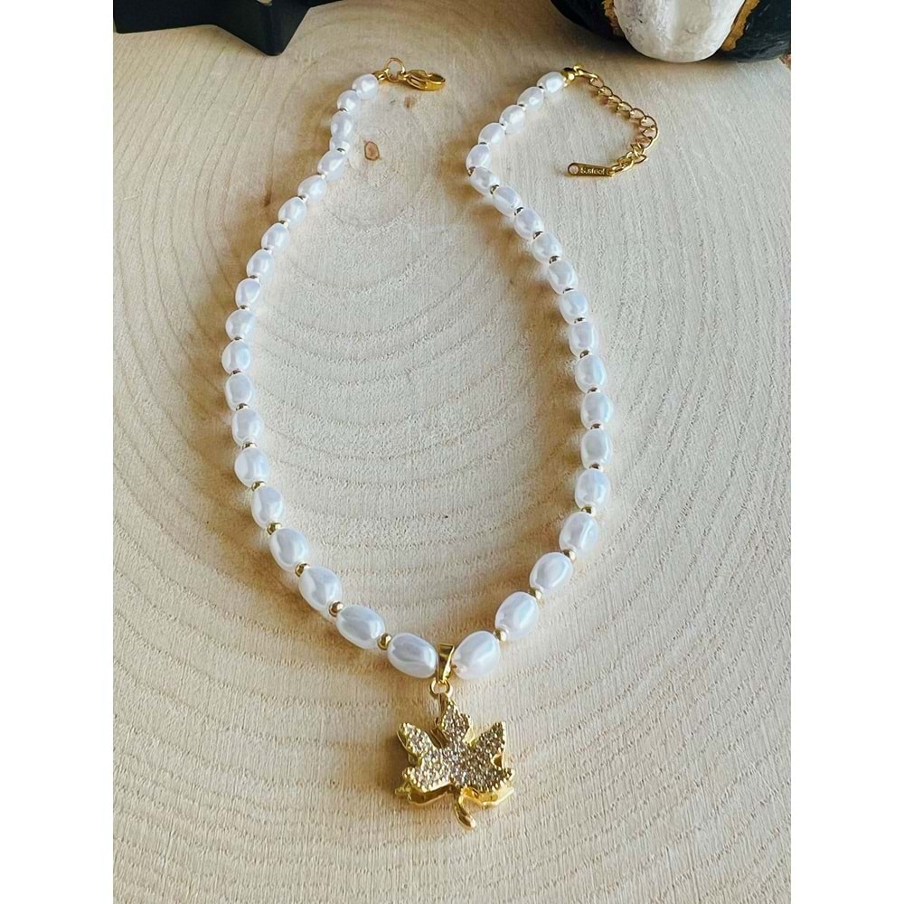 GOLD RENK ÇELİK İNCİLİ YAPRAK KOLYE 38+5 CM ACR5936