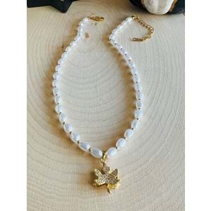 GOLD RENK ÇELİK İNCİLİ YAPRAK KOLYE 38+5 CM ACR5936