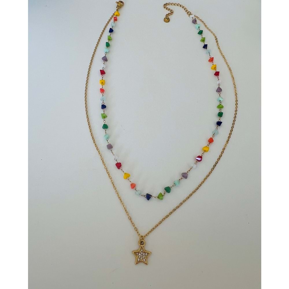 2'Lİ RENKLİ BONCUKLU YILDIZ ÇELİK KOLYE 36+6CM-GOLD ACR5956