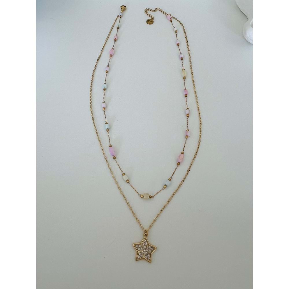 2'Lİ PEMBE-MAVİ BONCUK SIRALI ÇELİK KOLYE 40+5CM ACR5961