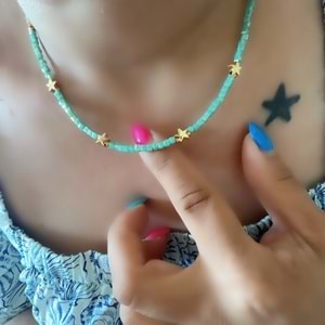 YEŞİL BONCUKLU,YILDIZLI ÇELİK KOLYE 41+6CM-GOLD RENK ACR6069