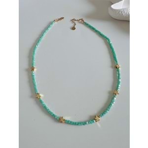 YEŞİL BONCUKLU,YILDIZLI ÇELİK KOLYE 41+6CM-GOLD RENK ACR6069