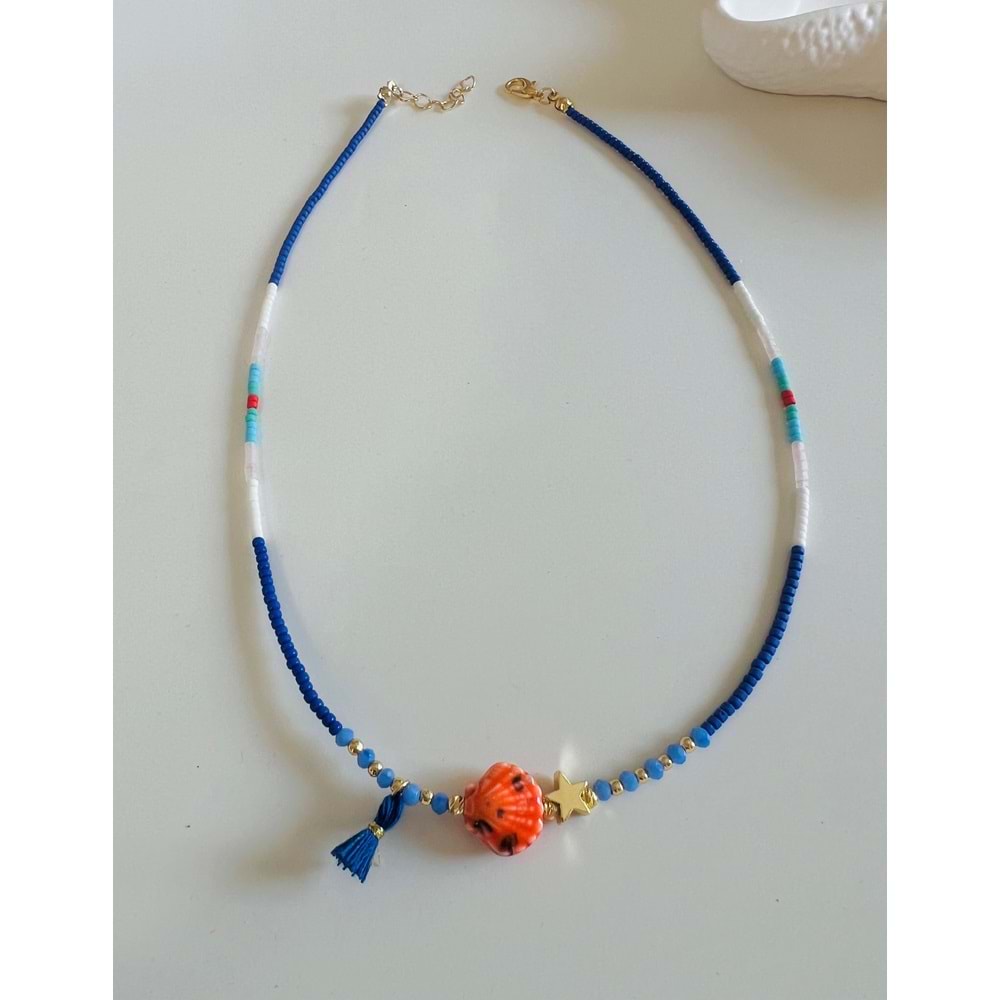 MAVİ PÜSKÜLLÜ,MİDYELİ BONCUK KOLYE 40+3CM-GOLD RENK ACR6071