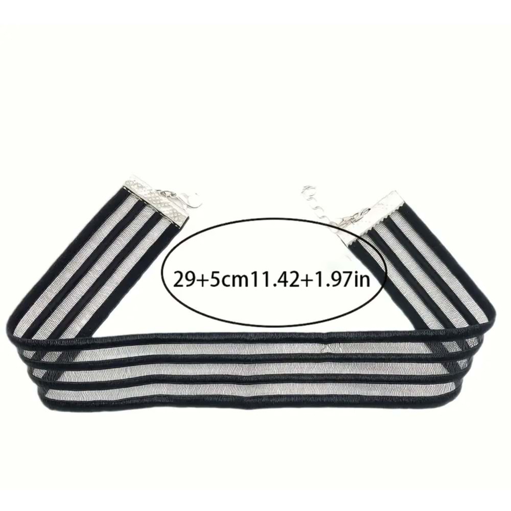 PUNK TARZI ELASTİKLİ SİYAH DANTEL ÇİZGİLİ CHOKER KOLYE ACR6160