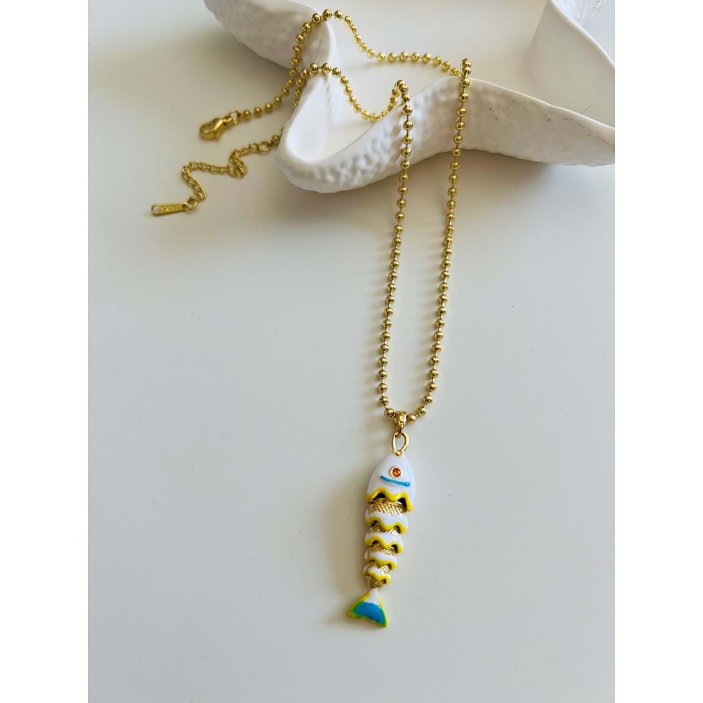 BEYAZ MİNELİ BALIK ÇELİK KOLYE 40+5CM-GOLD ACR6170