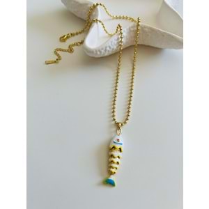 BEYAZ MİNELİ BALIK ÇELİK KOLYE 40+5CM-GOLD ACR6170