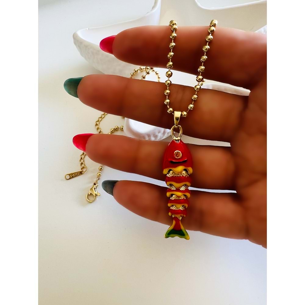 KIRMIZI MİNELİ BALIK ÇELİK KOLYE 40+5CM-GOLD ACR6172