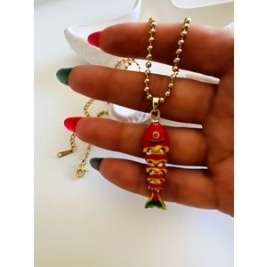 KIRMIZI MİNELİ BALIK ÇELİK KOLYE 40+5CM-GOLD ACR6172