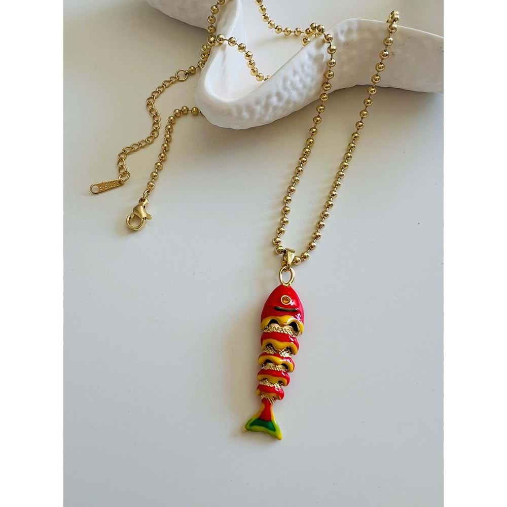KIRMIZI MİNELİ BALIK ÇELİK KOLYE 40+5CM-GOLD ACR6172