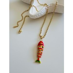 KIRMIZI MİNELİ BALIK ÇELİK KOLYE 40+5CM-GOLD ACR6172