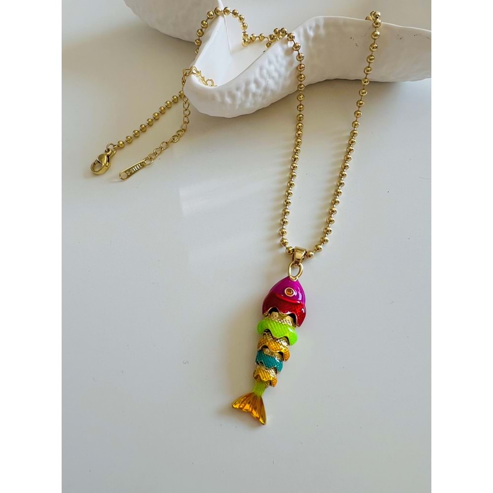 RENKLİ MİNELİ BALIK ÇELİK KOLYE 40+5CM-GOLD ACR6175