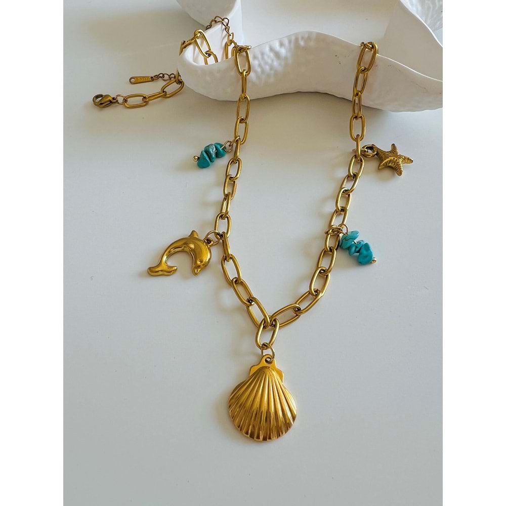 ÇELİK DENİZ KABUĞU, DENİZ YILDIZI CHARM KOLYE 40+6CM-GOLD ACR6177