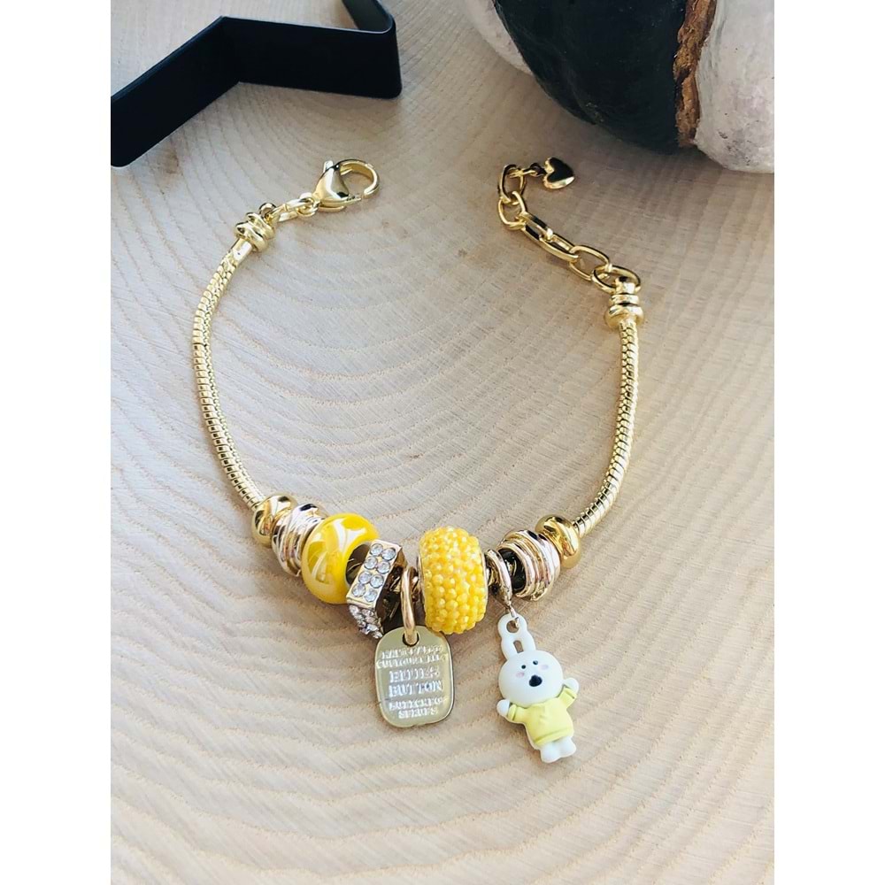 VİDALI, CHARMLARI DEĞİŞTİRİLEBİLİR TAVŞAN CHARM BİLEKLİK GOLD ACR6235