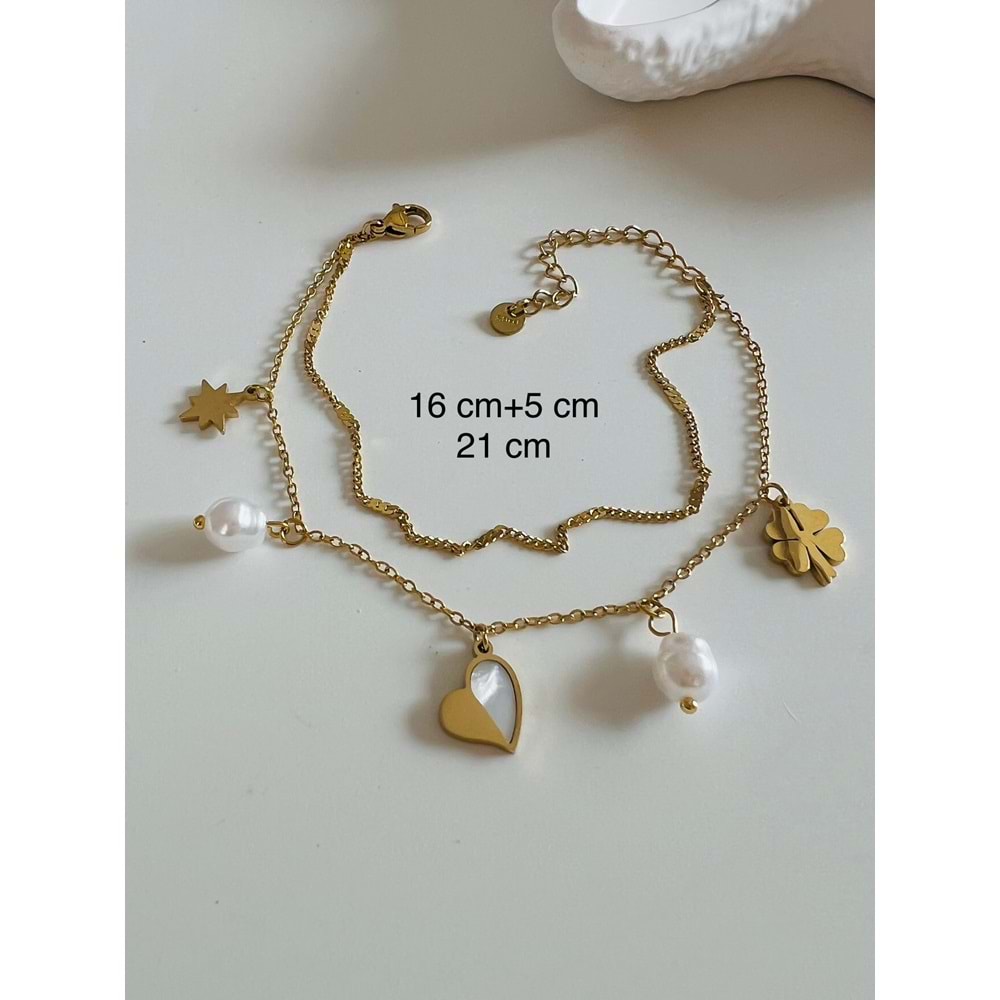 ÇELİK İNCİLİ, KALPLİ, YONCALI 2'Lİ BİLEKLİK 16+5CM-GOLD ACR6669