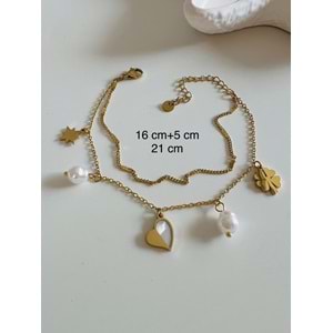 ÇELİK İNCİLİ, KALPLİ, YONCALI 2'Lİ BİLEKLİK 16+5CM-GOLD ACR6669