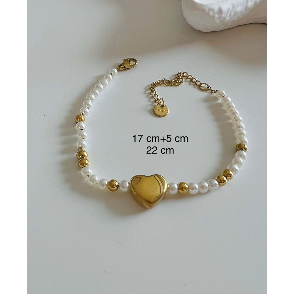 ÇELİK İNCİLİ KALP BİLEKLİK 17+5CM-GOLD RENK ACR6670