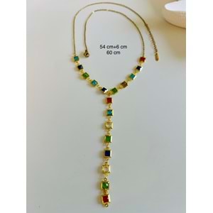 ÇELİK RENKLİ KARE TAŞLI UZUN Y KOLYE 54+6CM-GOLD ACR6703