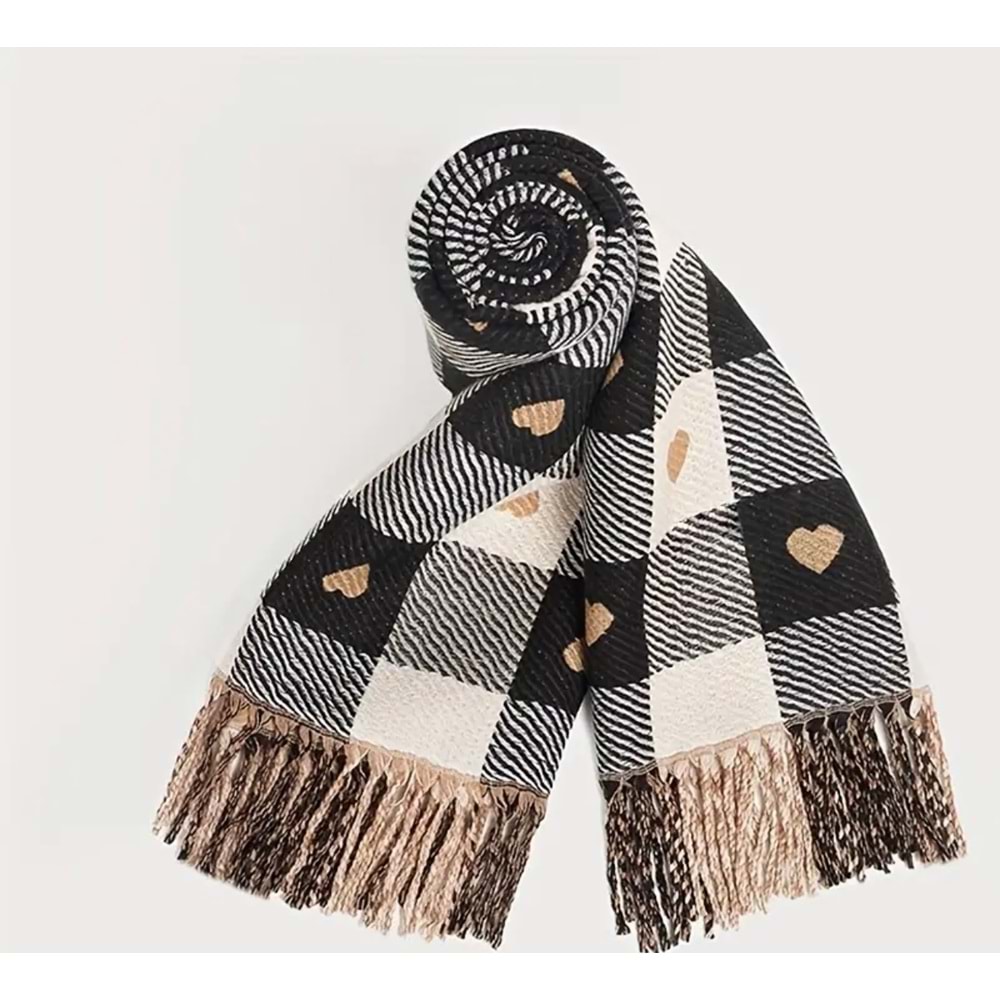 KARELİ, KALP DESENLİ, SİYAH-KAHVE KONTRASTLI, DİKDÖRTGEN KIŞLIK KALIN ATKI ACR6846