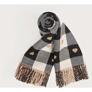 KARELİ, KALP DESENLİ, SİYAH-KAHVE KONTRASTLI, DİKDÖRTGEN KIŞLIK KALIN ATKI ACR6846