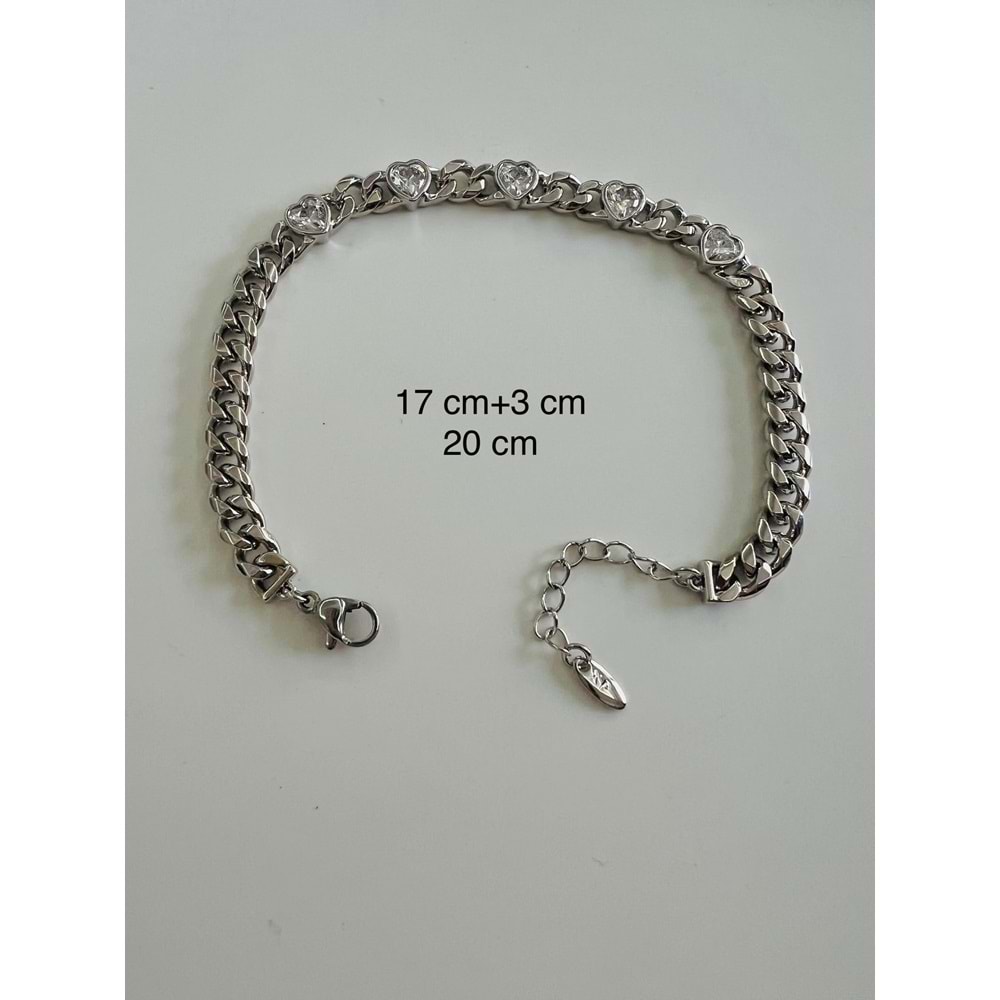 XUPING TAŞLI KALP ZİNCİR BİLEKLİK 17+3CM-GÜMÜŞ RENK ACR6993
