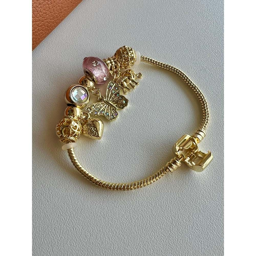 GOLD RENK PEMBE TAŞLI-KELEBEKLİ CHARM BİLEKLİK ACR7080