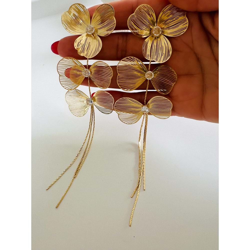 ÜÇLÜ SALLANTILI ÇİÇEK KÜPE-GOLD RENK ACR7306